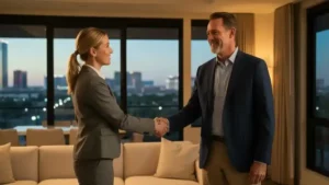 Professional personal assistant shaking hands with client in a Las Vegas office setting