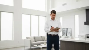 Professional home watch inspector reviewing a modern Las Vegas property interior