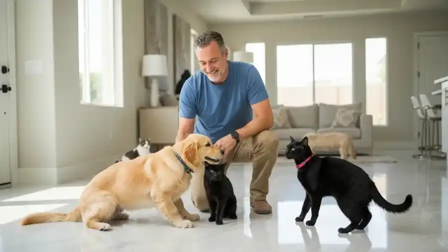 Professional pet sitter with happy pets in a bright Las Vegas home
